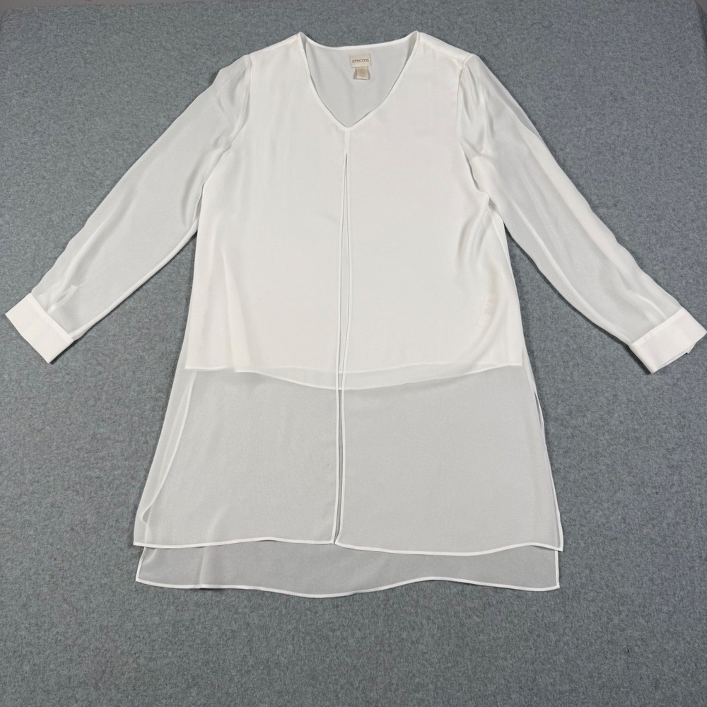 Chicos White Layered Flowy Sheer Chiffon V-Neck Tunic Blouse Size 0 S Whimsy